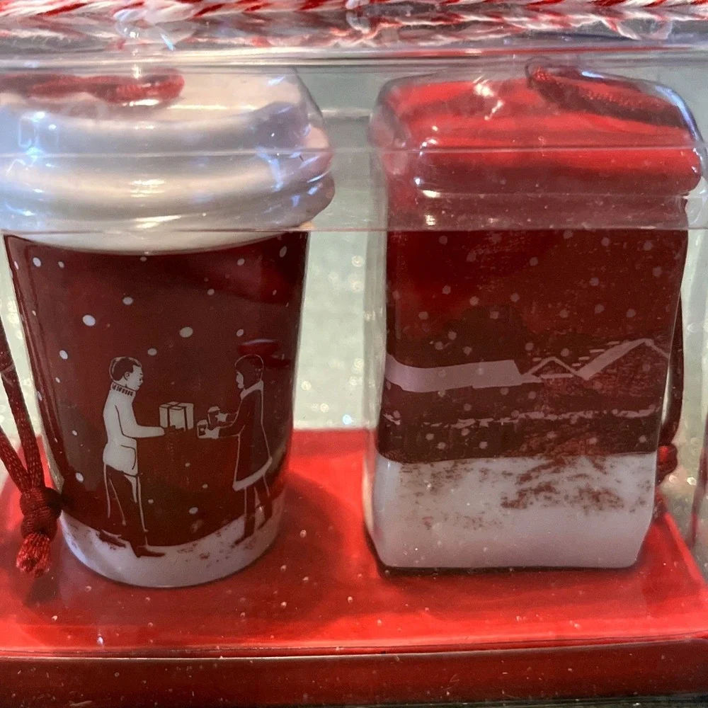 Starbucks 2007 Christmas Blend Coffee Ornament Set Of 2 Red Coffee Cup & Bag~New